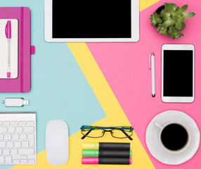 Office Desk Working Space Flat Lay. Top view photo of workspace with blank mock up tablet and...