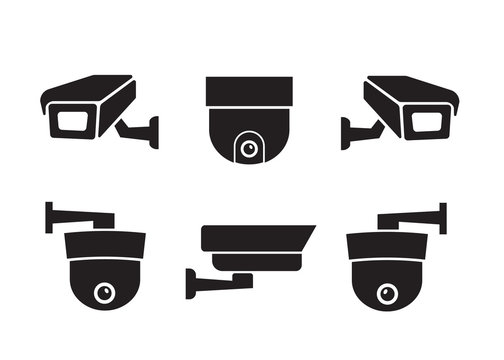 Camera cctv security icon. Video surveillance security cameras vector icons set. Black camera cctv
