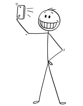 Cartoon stick drawing conceptual illustration of man with big artificial smile taking selfie.
