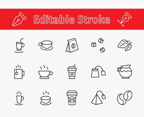 Set of Coffee and Tea Vector Line Icons. Contains such Icons as Cup of Tea,  Teabags, Coffee beans and Green Tea Leaves, a pitcher of Water, Sugar Cubes and more. Editable Stroke. 32x32 Pixel Perfect