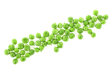 Fresh green peas on a white background, top view.
