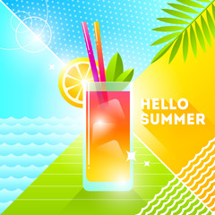 Hello summer - vector illustration. Cocktail glass on a abstract background. 80's retro style illustration.Tropical vacation flat design.