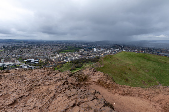 View of Edinburgh city from Arthur’s Seat, the highest point in Edinburgh located at Holyrood Park, Scotland, UK