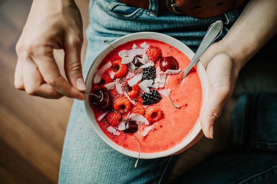 Woman Eating Healthy Smoothie Bowl