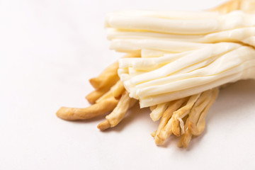 Healthy Snack. Smoked string cheese. Kobarcik. Selective focus