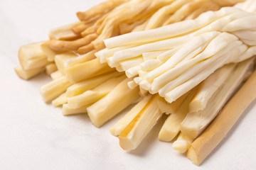 Healthy Snack. Smoked string cheese. Kobarcik. Selective focus