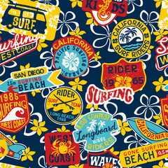 Obraz premium BasCalifornia kids surfing rider stickers patchwork with hibiscus background vector seamless patternic CMYK
