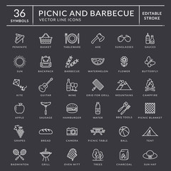 Picnic and barbecue outline icons. Editable stroke.