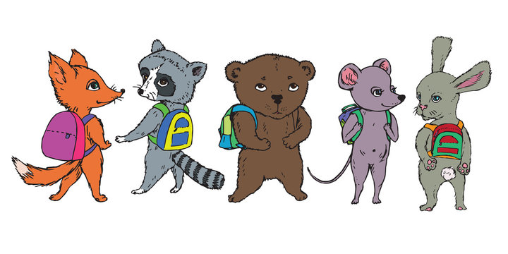 Animals collection: fox, raccoon, bear, mouse and rabbit with school bags on shoulders, hand drawn doodle, sketch, vector color illustration