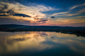 Balatonfuzfo, Hungary - Aerial sunset view of Balatonfuzfo shot above Lake Balaton