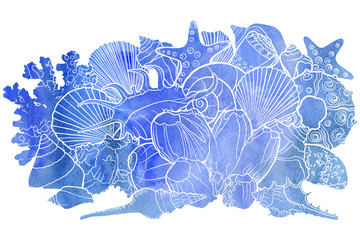 watercolor background with seashells