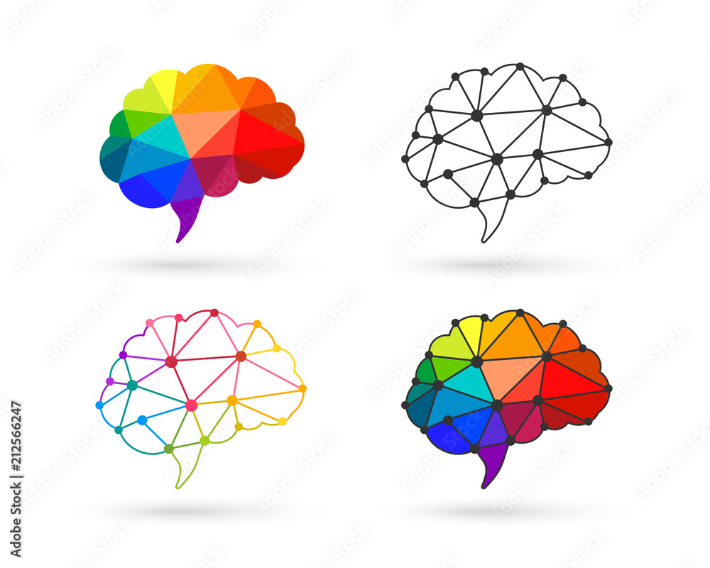 Poster brain icon set made in colorful low poly design and connecting lines and dots