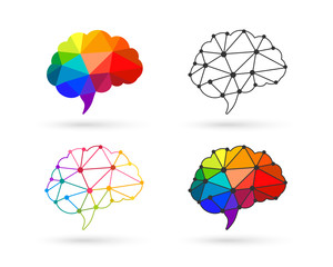 Brain icon set made in colorful low poly design and connecting lines and dots