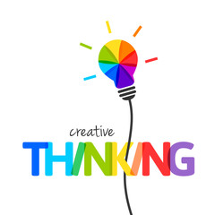 Creative thinking concept with colorful lightbulb. Integrated text and lettering made of different colors with multiply blend mode. - obrazy, fototapety, plakaty