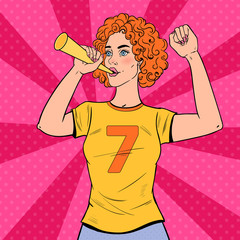 Pop Art Woman Soccer Fan with Horn Supporting her Favorite Team. Football Supporter with Vuvuzela. Vector illustration