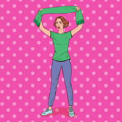 Pop Art Woman Soccer Fan with Scarf of her Favorite Team. Football Supporter. Vector illustration