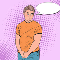 Pop Art Shy Fat Man. Overweight Ashamed Young Guy. Unhealthy Eating. Vector illustration
