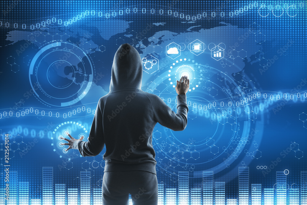 Poster hacker and blockchain screen