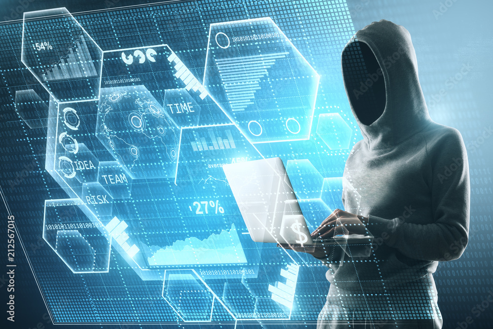 Poster side view on no face hacker in process with laptop and big digital screen with blockchain illustration.