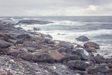 Rocky coast of the Atlantic ocean, severe winter landscape, Lofoten Islands, Norway