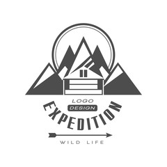 Expedition logo design, wild life sign, vintage black and white mountain exploration outdoor adventure symbol vector Illustration on a white background