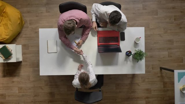 Young female candidate for job interviewed by two employers, topshot, sitting at table in modern office, interview concept