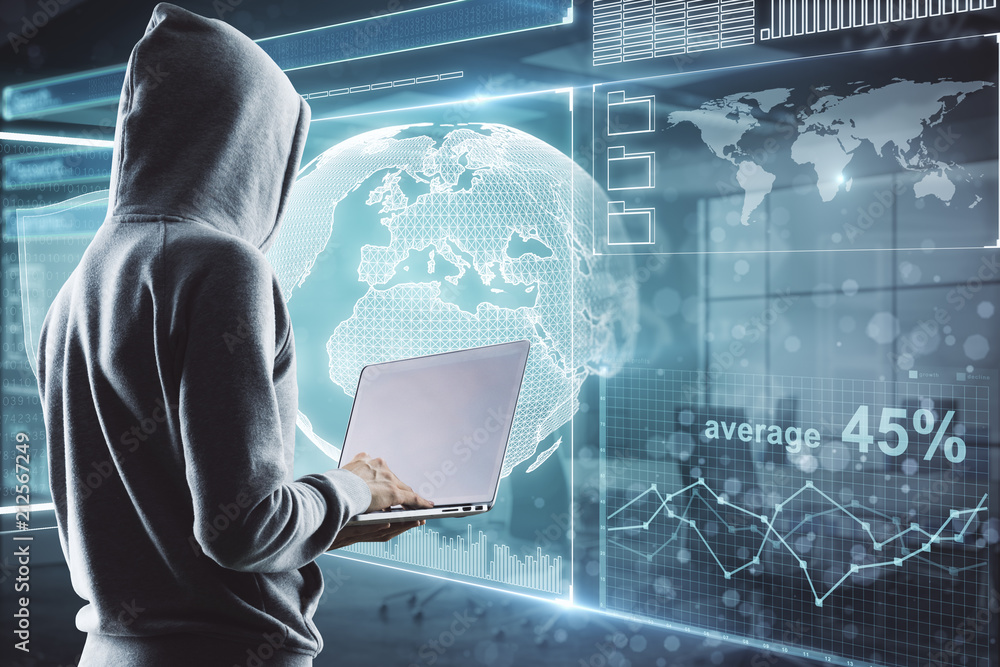 Aufkleber side view on hacker in process with laptop and big digital screen with cyberspace illustration. 3D render