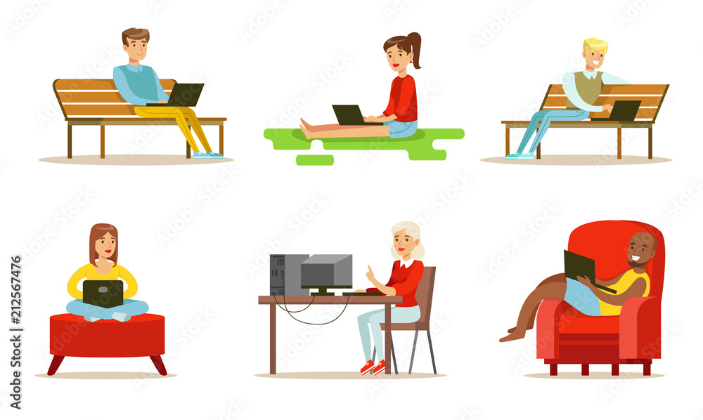 Poster flat vector set of people with computers. young girls and guys using laptops. internet users watchin