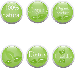 Set of natural label and organic button. Glossy glossy badges design.