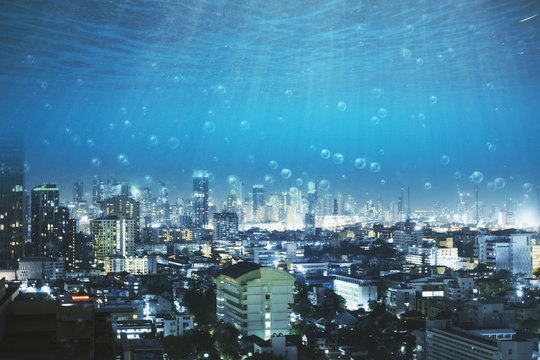 underwater view on city