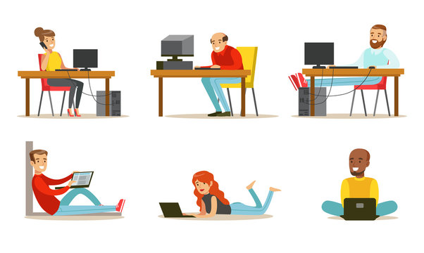 Flat vector set of cartoon peoples with laptops and computers. Men and women working in internet, playing video games or chatting