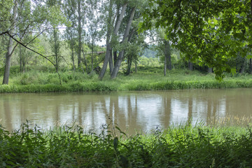 Fototapeta na wymiar Landscape with a reflection near the Struma River in Nevestino, Bulgaria