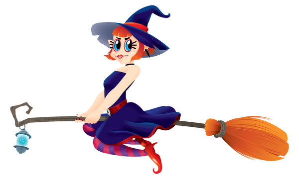 A cute witch flying with her magic broom. Isolated.
