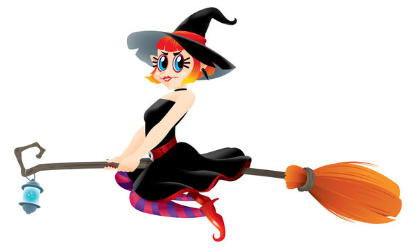 A cute witch flying with her magic broom. Isolated.