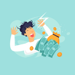Happy man with money, successful businessman, success. Flat design vector illustration.
