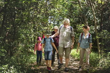 Family hiking in a forest