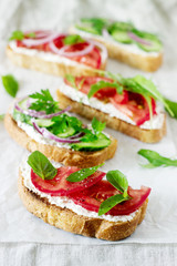 Fototapeta na wymiar Bruschetta or sandwiches with tomatoes, cucumbers and cream cheese, decorated with greens.