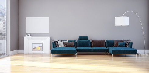 Modern interior apartment with air conditioning and remote control 3D rendering illustration