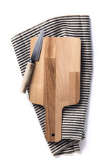 Wooden chopping board and knife with a striped cloth