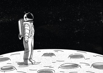 Lonely astronaut in spacesuit standing on surface of Moon and looking at space full of stars. Cosmonaut exploring planet or celestial object during mission. Monochrome hand drawn vector illustration.