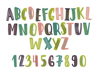 Hand drawn latin font or childish english alphabet decorated with daub or scribble. Bright colored letters arranged in alphabetical order and numbers isolated on white background. Vector illustration.