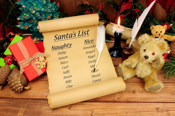 Santa's naughty and nice list on an old paper scroll with a festive background