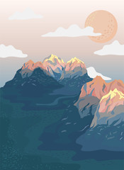 Painted mountain view landscape illustration - obrazy, fototapety, plakaty