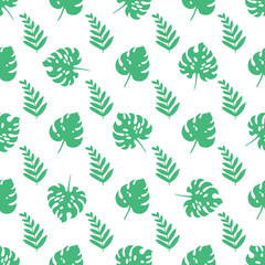 Vector seamless pattern with green tropical leaves.