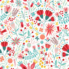 Colorful floral seamless pattern with berries, leaves and flowers on white background. Decorative botanical backdrop. Flat cartoon vector illustration for fabric print, wrapping paper, wallpaper.