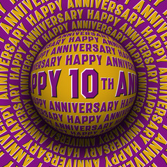 Happy 10th anniversary patterned sphere rolling on rotating surface. Vector optical illusion greeting card.