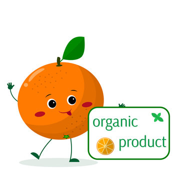 A cute Orange cartoon character holds a plate of organic foods. Vector illustration, a flat style.