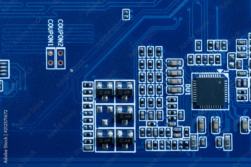 Poster electronic circuits in futuristic technology concept. motherboard computer on blue background. micro