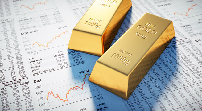 3 Goldbarren auf Börsenkursen