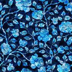 Naadloze bloemmotief met blauwe rozen op donkere achtergrond. Vectorillustratie voor stof, textiel, kleding, behang, inwikkeling.